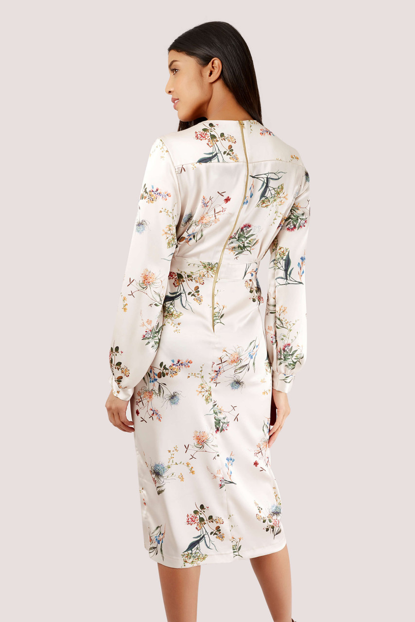 White Floral Cream Long Sleeve Wrap Dress